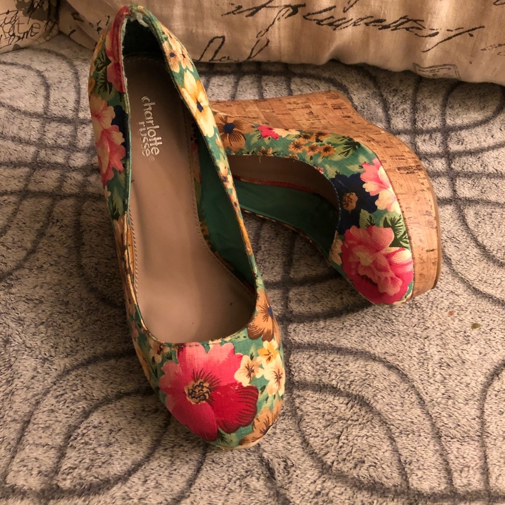 Charlotte Russe Floral Canvas Cork Wedges